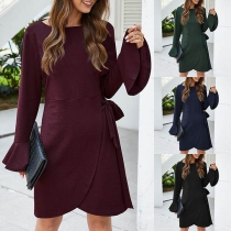 Elegant Solid Color Trumpet Sleeve Round Neck Lace-up Dress