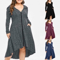 Fashion Long Sleeve Hooded High-low Hem Plus-size Dress