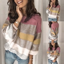 Fashion Contrast Color Long Sleeve Round Neck Loose Sweater