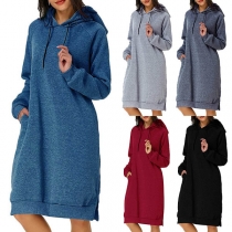 Fashion Solid Color Long Sleeve Hooded Sweatshirt Dress