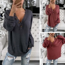 Fashion Solid Color Long Sleeve V-neck Loose Top