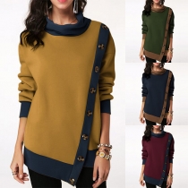 Fashion Contrast Color Oblique Button Cowl Neck Sweatshirt