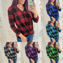 Fashion Long Sleeve V-neck Twisted Hem Plaid T-shirt