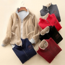 Fashion Solid Color Stand Collar Faux Cashmere Lining Sweatshirt Coat