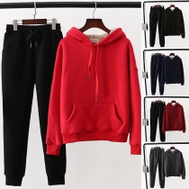 Fashion Solid Color Faux Cashmere Lining Hoodie + Pants Two-piece Set