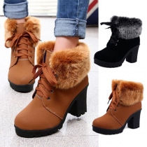 Fashion Thick Heel Round Toe Faux Fur Spliced Lace-up Martin Boots