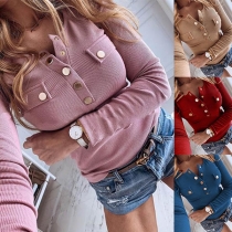 Fashion Solid Color Long Sleeve Round Neck Button T-shirt