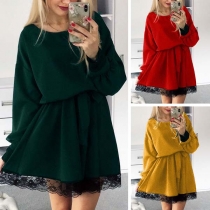 Fashion Long Sleeve Round Neck Lace Spliced Hem Dress