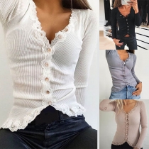 Fashion Solid Color Long Sleeve V-neck Lace Spliced T-shirt