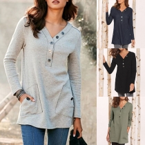 Fashion Solid Color Long Sleeve V-neck Front-pocket T-shirt