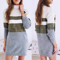 Fashion Contrast Color Long Sleeve Mock Neck Dress