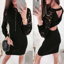 Sexy Backless Lace Spliced Long Sleeve Slim Fit Dress