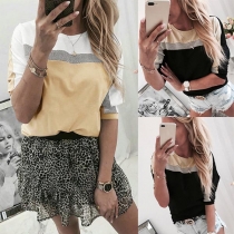 Fashion Contrast Color Long Sleeve Round Neck Top