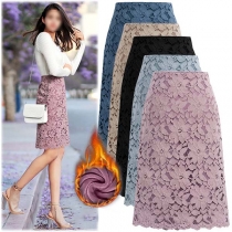 Fashion High Waist Slim Fit Plush Lining Lace Skirt