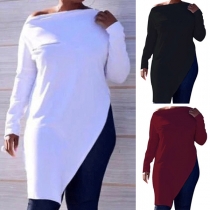 Fashion Solid Color Long Sleeve Irregular Hem Top