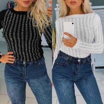 Fashion Long Sleeve Round Neck Beaded T-shirt