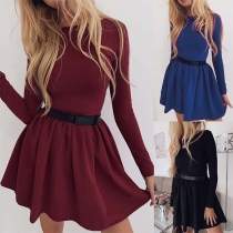 Fashion Solid Color Long Sleeve Round Neck Dress(Without Belt)