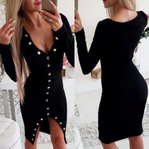 Sexy Deep V-neck Slit Hem Long Sleeve Front-button Slim Fit Dress(It falls small)