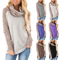 Fashion Leopard Spliced Long Sleeve Scarf Collar T-shirt
