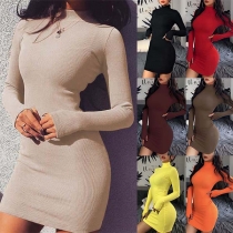 Simple Style Long Sleeve Mock Neck Solid Color Slim Fit Dress