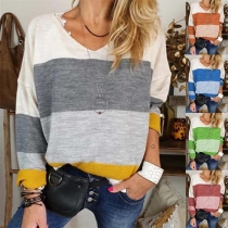 Fashion Contrast Color Long Sleeve V-neck T-shirt