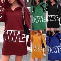 Fashion Letters Printed Long Sleeve Hooded Sweatshirt Dress