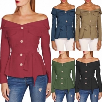 Sexy Off-shoulder Boat Neck Long Sleeve Solid Color Top with Waist Strap