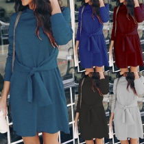 Fashion Solid Color Long Sleeve Round Neck Lace-up Dress