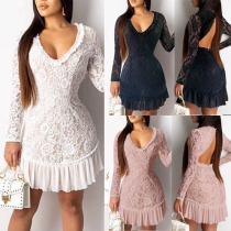 Sexy Backless V-neck Chiffon Spliced Ruffle Hem Lace Dress(It falls large)