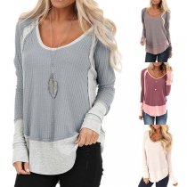 Fashion Contrast Color Long Sleeve Round Neck Loose T-shirt