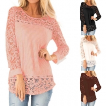 Fashion Lace Spliced Long Sleeve Round Neck Top