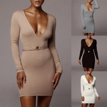 Sexy Deep V-neck Long Sleeve Solid Color Tight Dress
