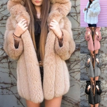 Fashion Solid Color Long Sleeve Hooded Faux Fur Coat