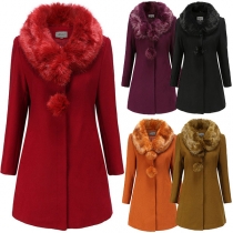 Fashion Solid Color Long Sleeve Faux Fur Collar Slim it Woolen Coat