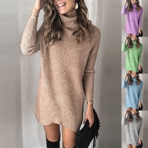 Fashion Solid Color Long Sleeve Turtleneck Knit Dress