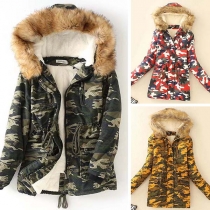 Fashion Camouflage Printed Faux Fur Spliced Hooded Padded Coat