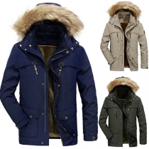 Fashion Solid Color Faux Fur Spliced Hooded Plush Lining Men's Coat