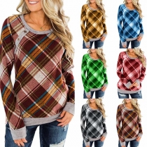 Fashion Long Sleeve Round Neck Plaid T-shirt