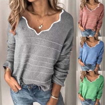 Fashion Long Sleeve V-neck Striped Knit Top