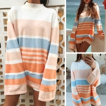 Fashion Trumpet Sleeve Mock Neck Striped Top