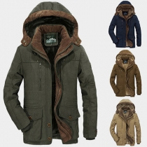 Fashion Solid Color Plush Lining Hooded Men's Coat
