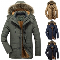Fashion Faux Fur Splicied Hooded Plush Lining Man's Warm Coat（Size Run Small）