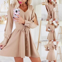Sexy Slit Long Sleeve V-neck Solid Color Dress with Girdle