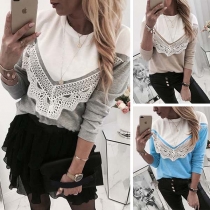 Fashion Contrast Color Long Sleeve Round Neck Lace Spliced T-shirt