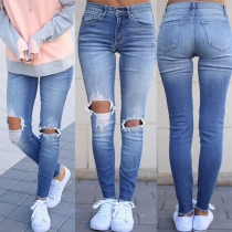 Fashion High Waist Slim Fit Hollow Out Ripped Jeans