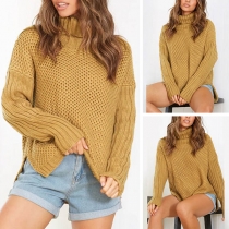 Fashion Solid Color Long Sleeve Slit Hem Turtleneck Sweater