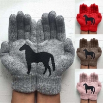 Cute Black Horse Pattern Knit Gloves