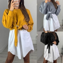 Fashion Contrast Color Long Sleeve Lace-up Mock Two-piece Dress