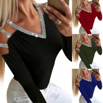 Sexy Off-shoulder Long Sleeve V-neck Sequin Spliced T-shirt