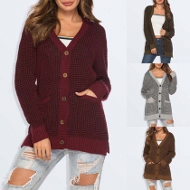 Fashion Long Sleeve V-neck Plaid Knit Cardigan